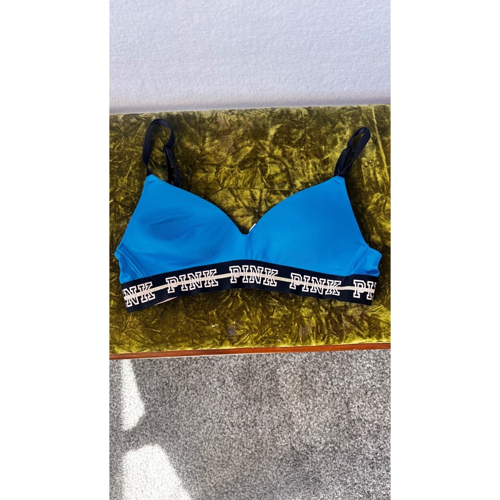 Victorias Secret PINK Wireless Bra Blue Pink Logo Band Gold Stripe 32B